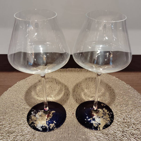 Wine Glass Pair 2P Majo Blue with  Gold Leaf