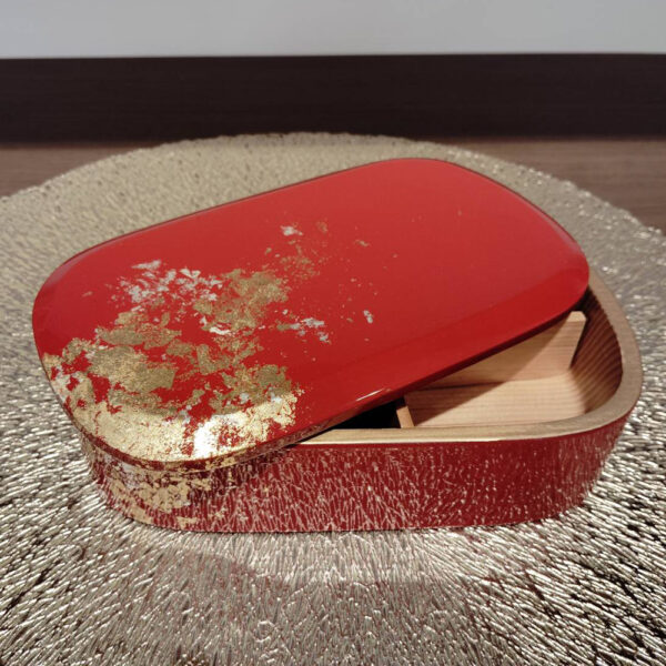 Gold Leaf Lacquered Bento Box In Vermilion